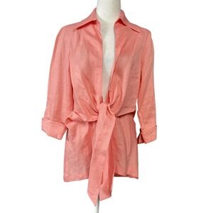 Neiman Marcus Shirt Womens Small Pink Linen Tie Front 3/4 Sleeve Lightweight Top